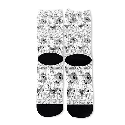 White And Black Wicca Magical Print Long Socks