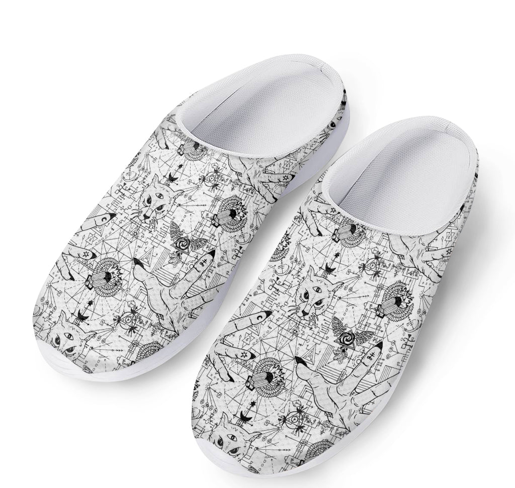 White And Black Wicca Magical Print Mesh Casual Shoes