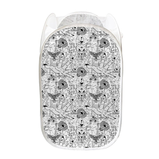 White And Black Wicca Magical Print Mesh Laundry Hamper