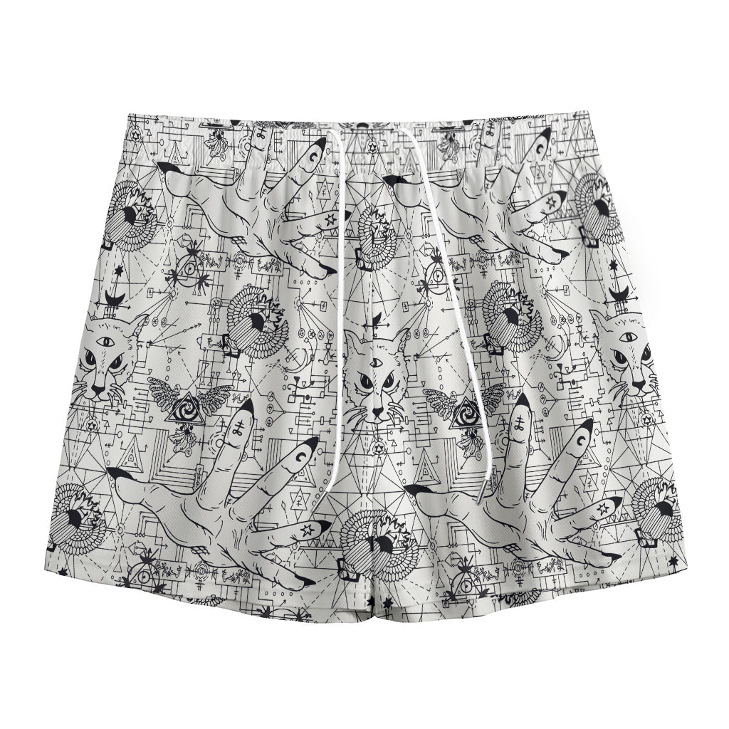 White And Black Wicca Magical Print Mesh Shorts