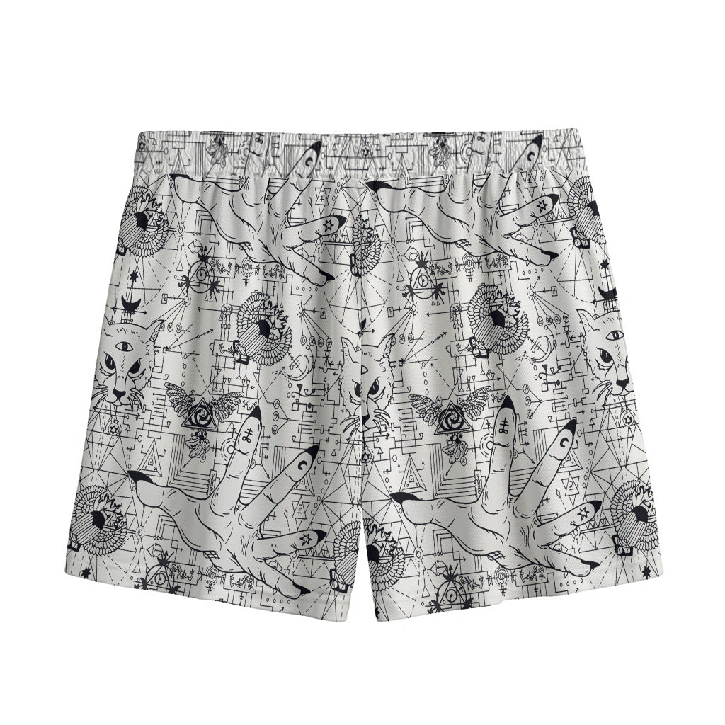 White And Black Wicca Magical Print Mesh Shorts