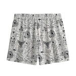 White And Black Wicca Magical Print Mesh Shorts