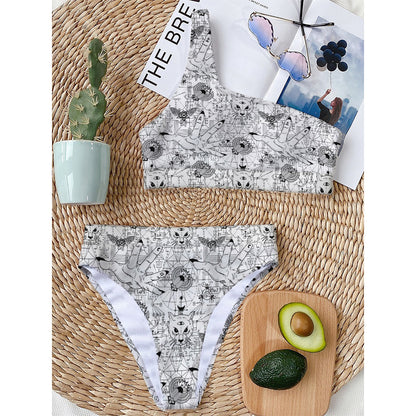 White And Black Wicca Magical Print One Shoulder Bikini Top