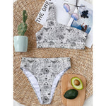 White And Black Wicca Magical Print One Shoulder Bikini Top