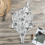 White And Black Wicca Magical Print One Shoulder Bodysuit