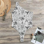 White And Black Wicca Magical Print One Shoulder Bodysuit