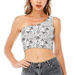 White And Black Wicca Magical Print One Shoulder Crop Top