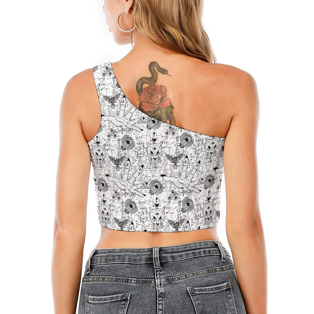 White And Black Wicca Magical Print One Shoulder Crop Top