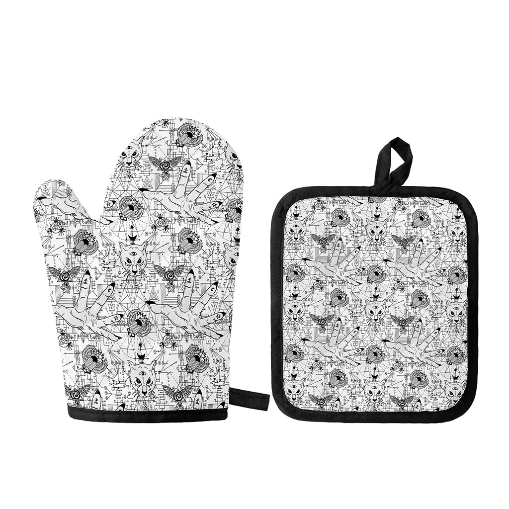 White And Black Wicca Magical Print Oven Mitt And Pot Holder Set