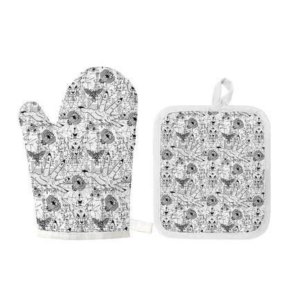 White And Black Wicca Magical Print Oven Mitt And Pot Holder Set
