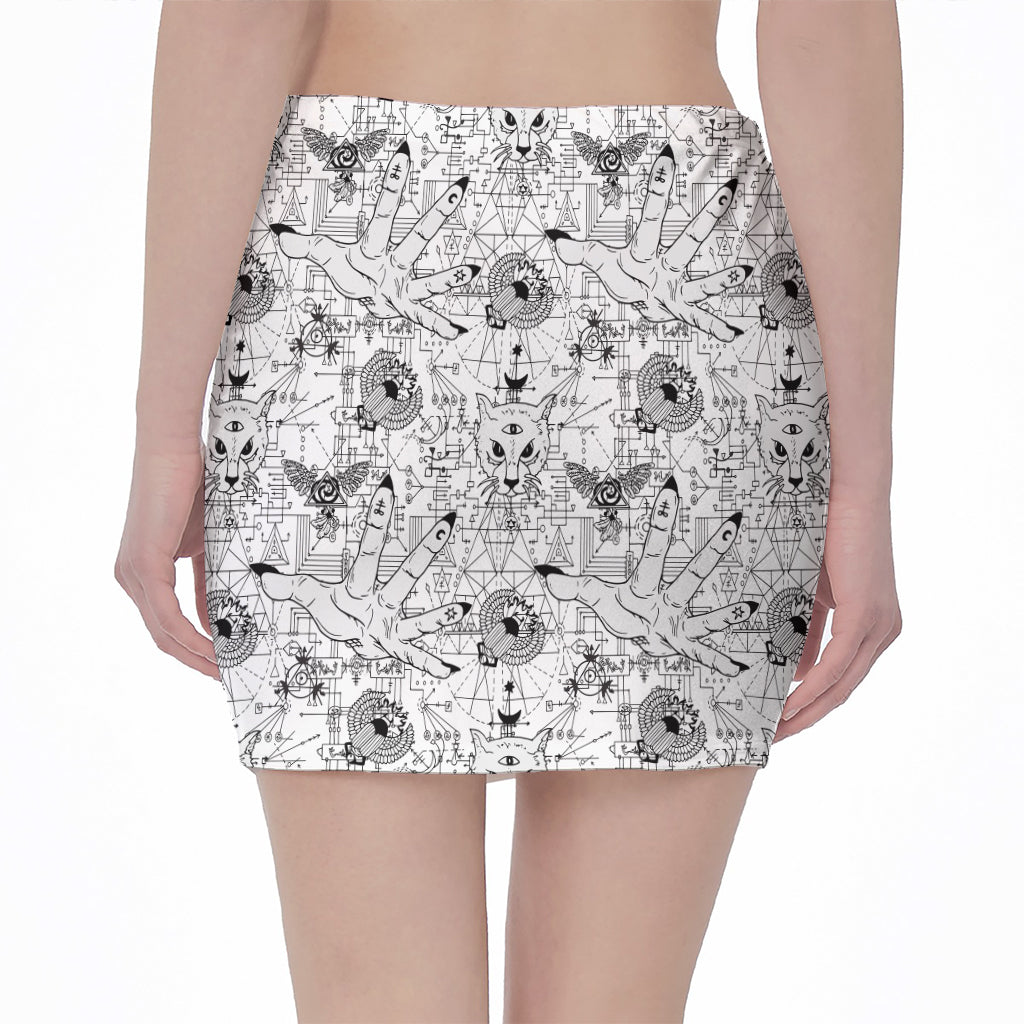 White And Black Wicca Magical Print Pencil Mini Skirt