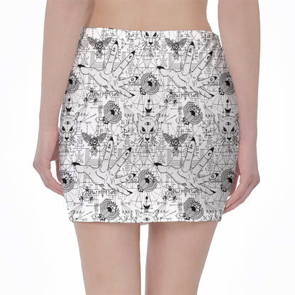 White And Black Wicca Magical Print Pencil Mini Skirt