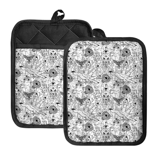 White And Black Wicca Magical Print Pot Holders With Pocket