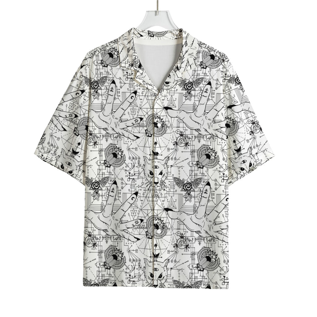 White And Black Wicca Magical Print Rayon Hawaiian Shirt