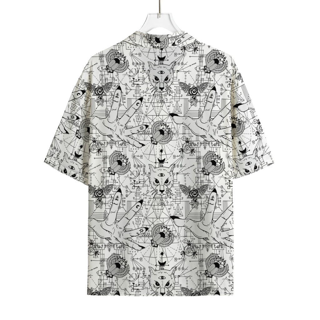 White And Black Wicca Magical Print Rayon Hawaiian Shirt