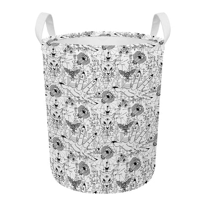 White And Black Wicca Magical Print Round Laundry Basket