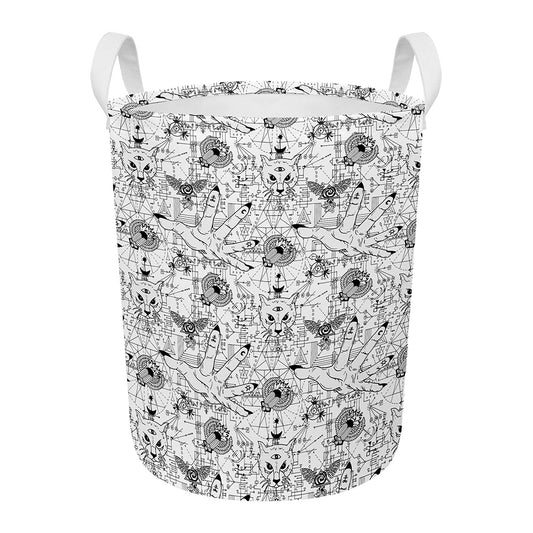 White And Black Wicca Magical Print Round Laundry Basket