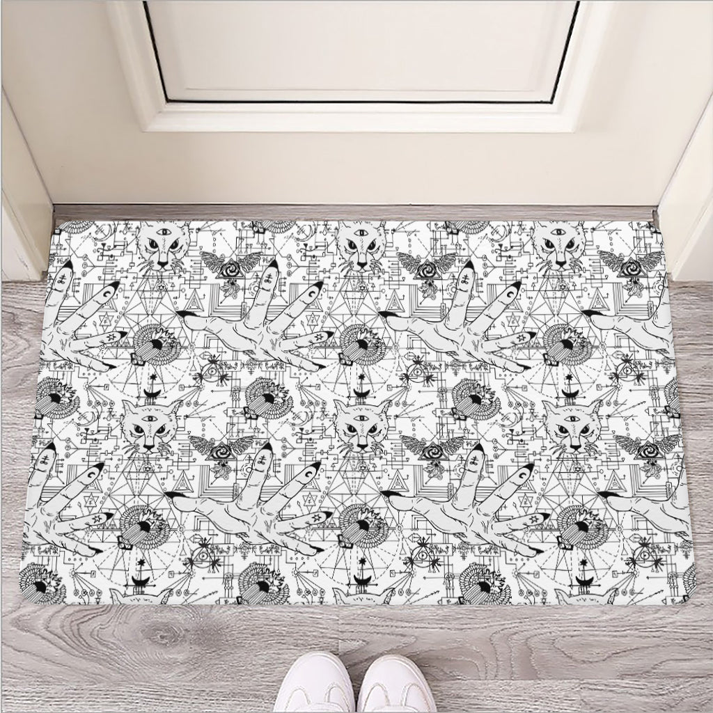 White And Black Wicca Magical Print Rubber Doormat