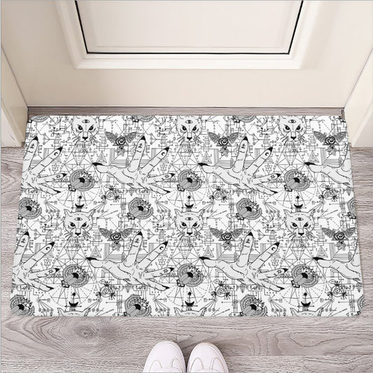 White And Black Wicca Magical Print Rubber Doormat