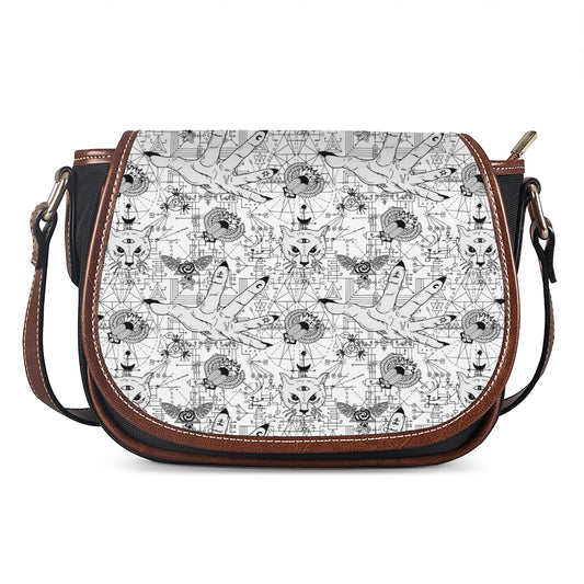 White And Black Wicca Magical Print Saddle Bag