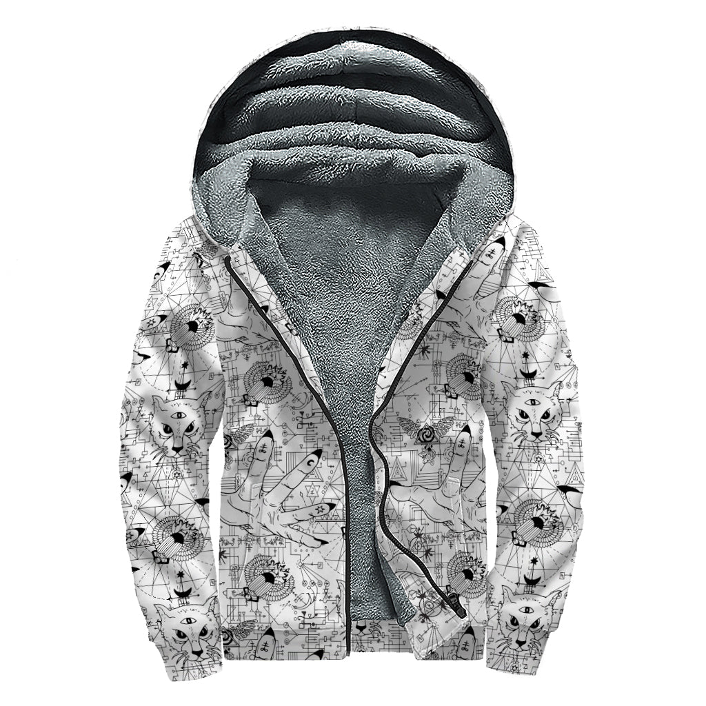 White And Black Wicca Magical Print Sherpa Lined Zip Up Hoodie