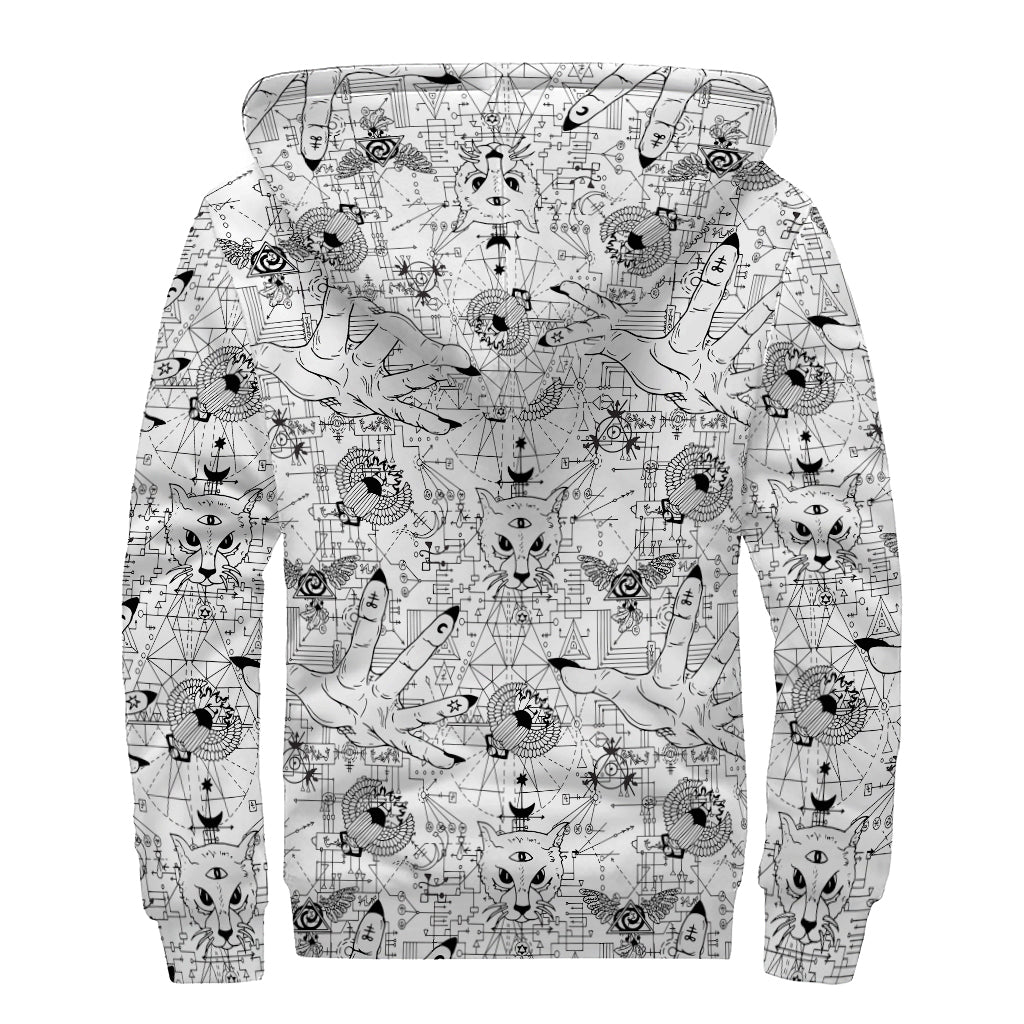 White And Black Wicca Magical Print Sherpa Lined Zip Up Hoodie