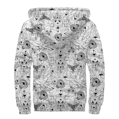 White And Black Wicca Magical Print Sherpa Lined Zip Up Hoodie
