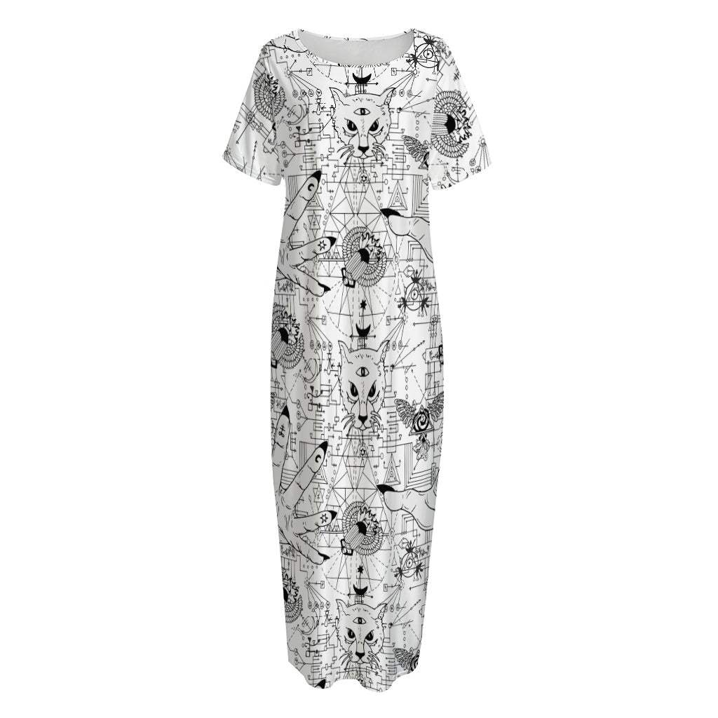 White And Black Wicca Magical Print Short Sleeve Long Nightdress