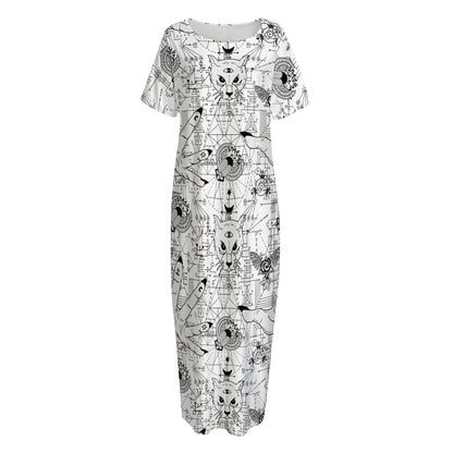 White And Black Wicca Magical Print Short Sleeve Long Nightdress
