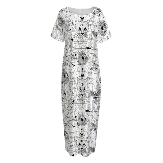 White And Black Wicca Magical Print Short Sleeve Long Nightdress