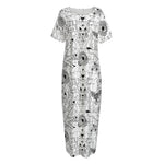 White And Black Wicca Magical Print Short Sleeve Long Nightdress