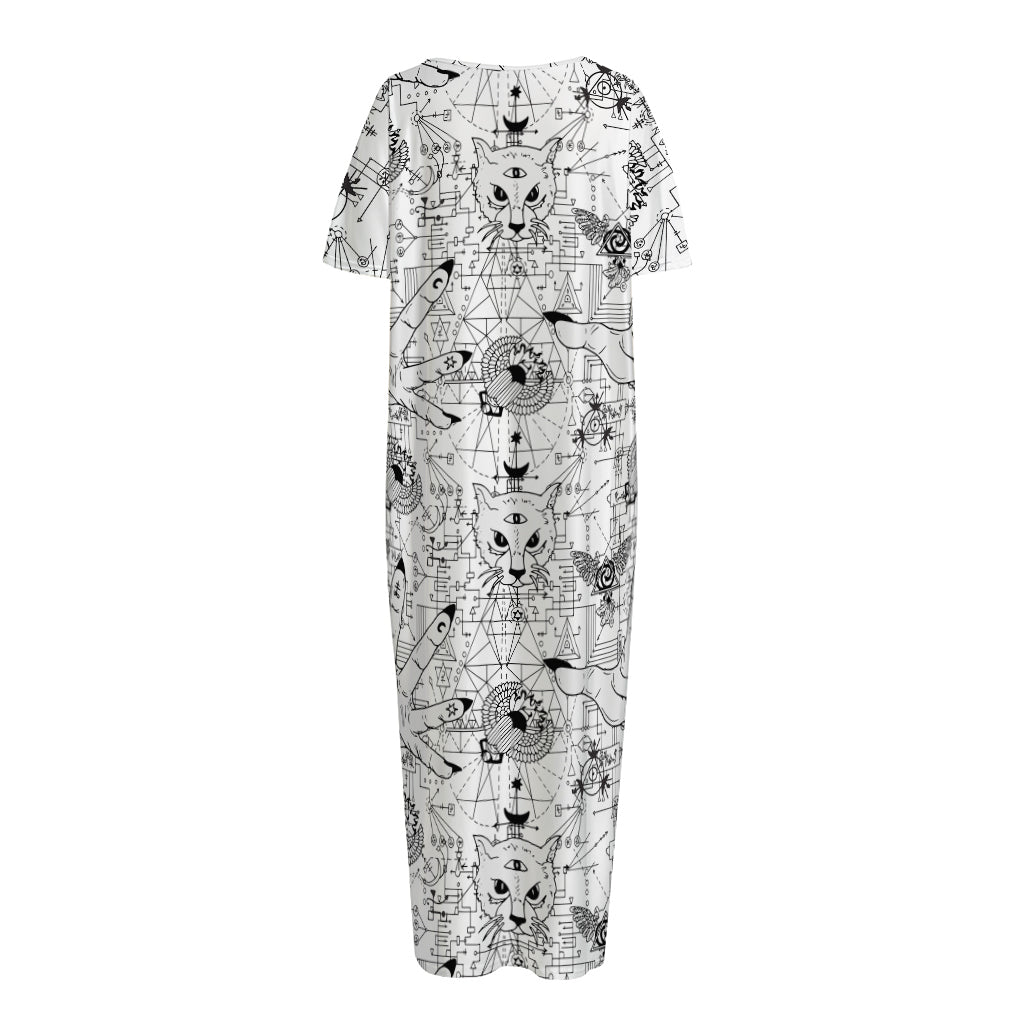 White And Black Wicca Magical Print Short Sleeve Long Nightdress
