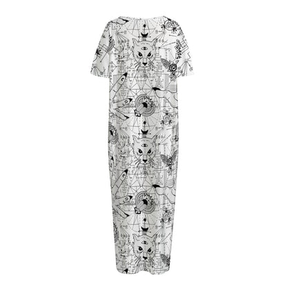 White And Black Wicca Magical Print Short Sleeve Long Nightdress