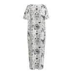 White And Black Wicca Magical Print Short Sleeve Long Nightdress