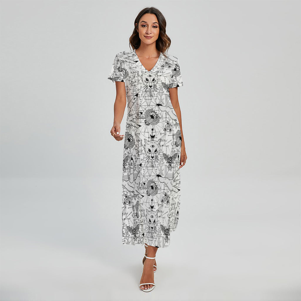White And Black Wicca Magical Print Short Sleeve Maxi Dress