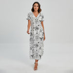 White And Black Wicca Magical Print Short Sleeve Maxi Dress