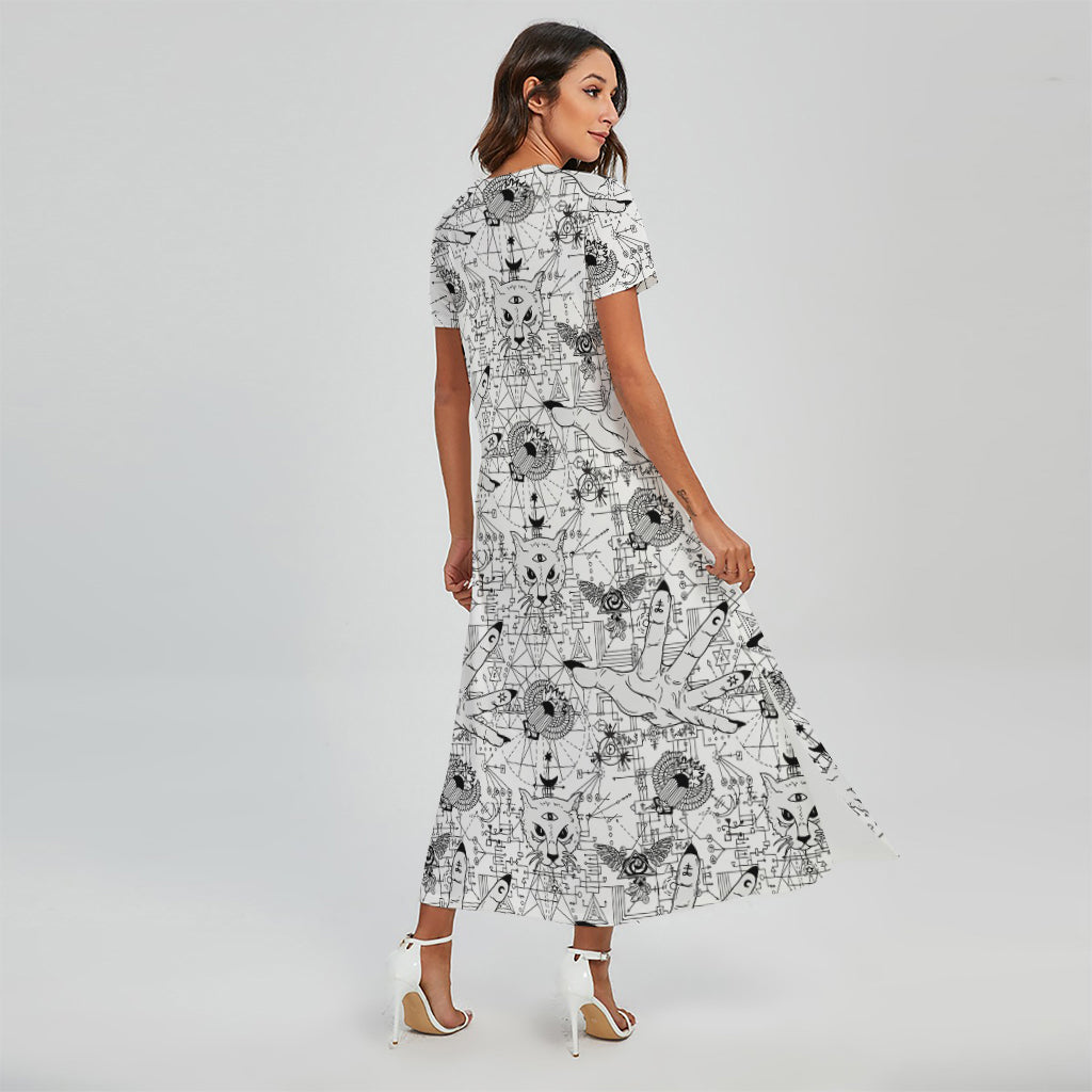 White And Black Wicca Magical Print Short Sleeve Maxi Dress