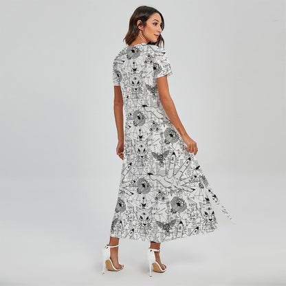 White And Black Wicca Magical Print Short Sleeve Maxi Dress
