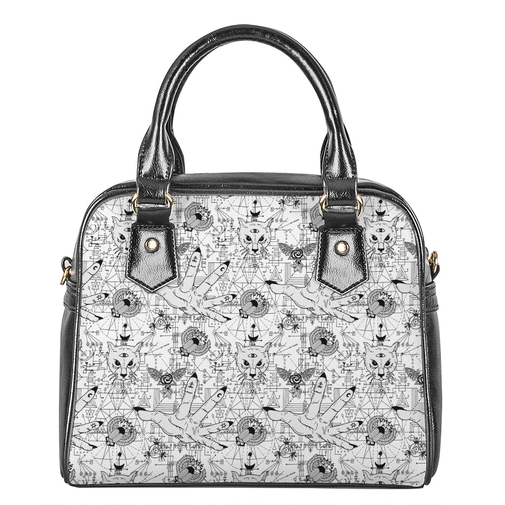 White And Black Wicca Magical Print Shoulder Handbag