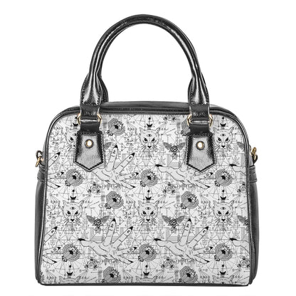 White And Black Wicca Magical Print Shoulder Handbag