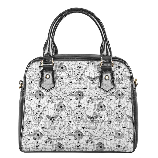White And Black Wicca Magical Print Shoulder Handbag