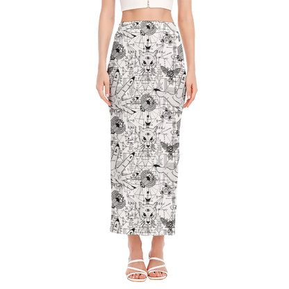 White And Black Wicca Magical Print Side Slit Maxi Skirt