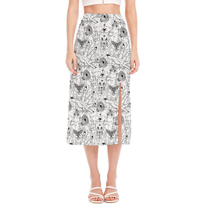 White And Black Wicca Magical Print Side Slit Midi Skirt