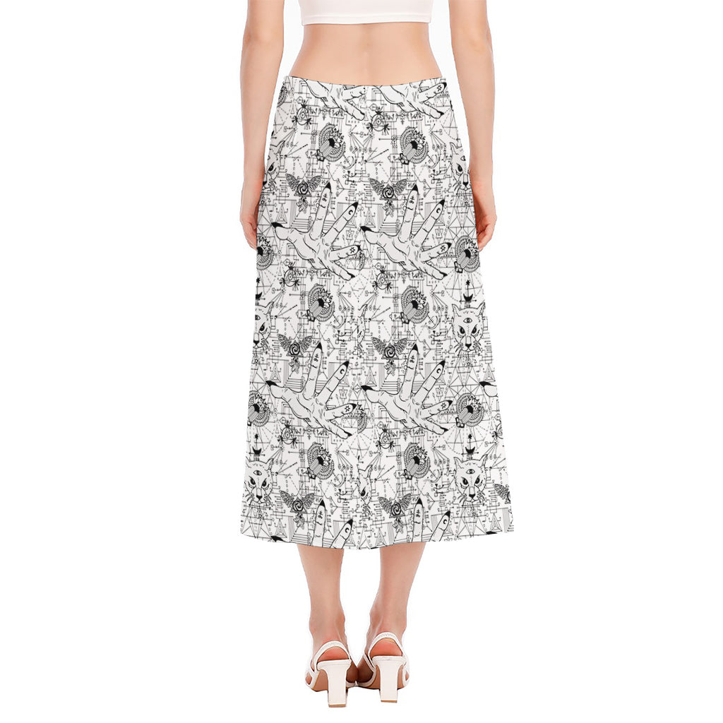 White And Black Wicca Magical Print Side Slit Midi Skirt
