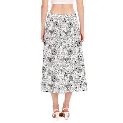 White And Black Wicca Magical Print Side Slit Midi Skirt