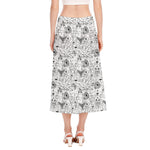 White And Black Wicca Magical Print Side Slit Midi Skirt