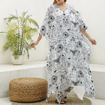 White And Black Wicca Magical Print Silk V-Neck Kaftan Dress