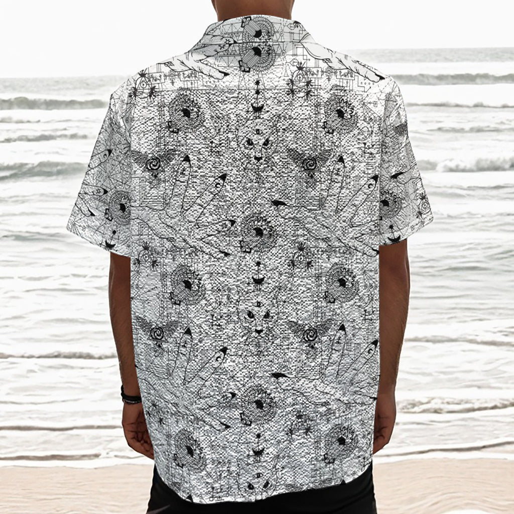 White And Black Wicca Magical Print Textured Short Sleeve Shirt