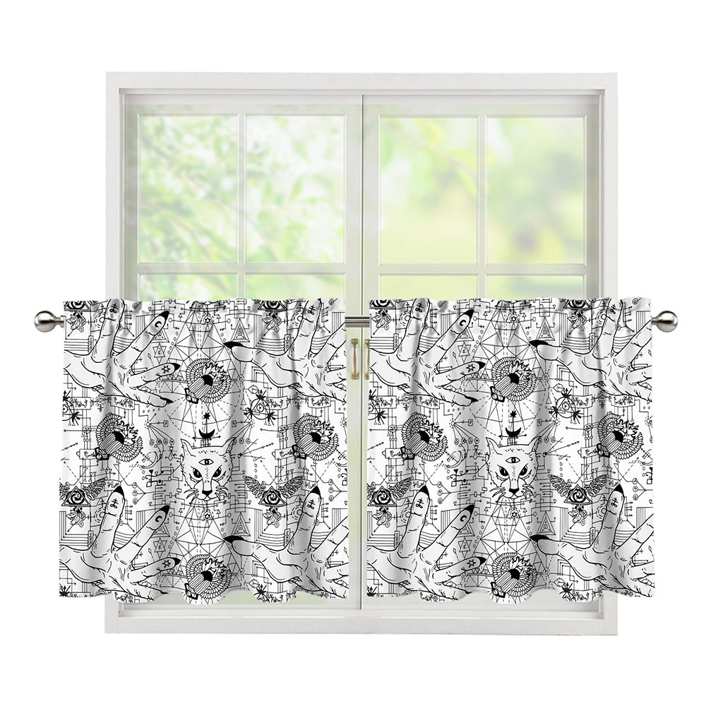 White And Black Wicca Magical Print Tier Curtains