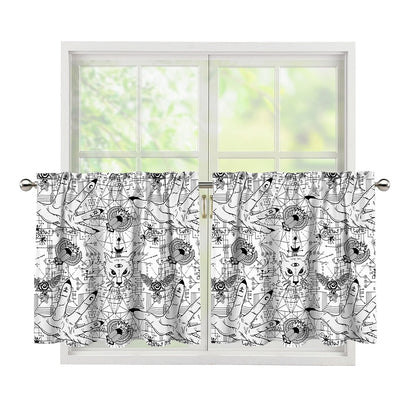 White And Black Wicca Magical Print Tier Curtains